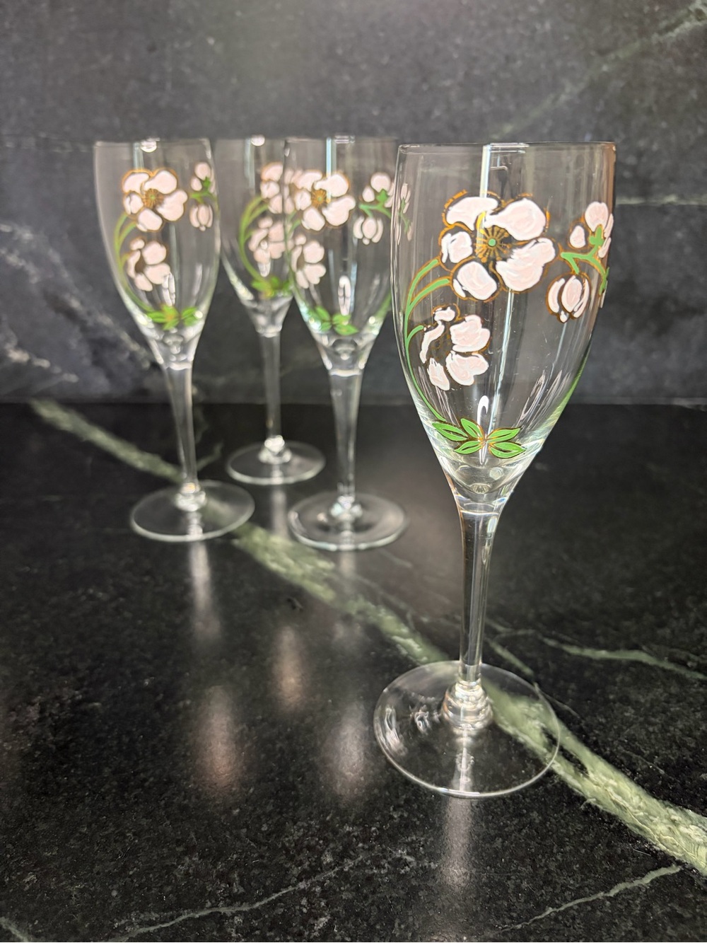 Four Perrier-Jouët champagne flutes hand painted 1970s GORGEOUS!